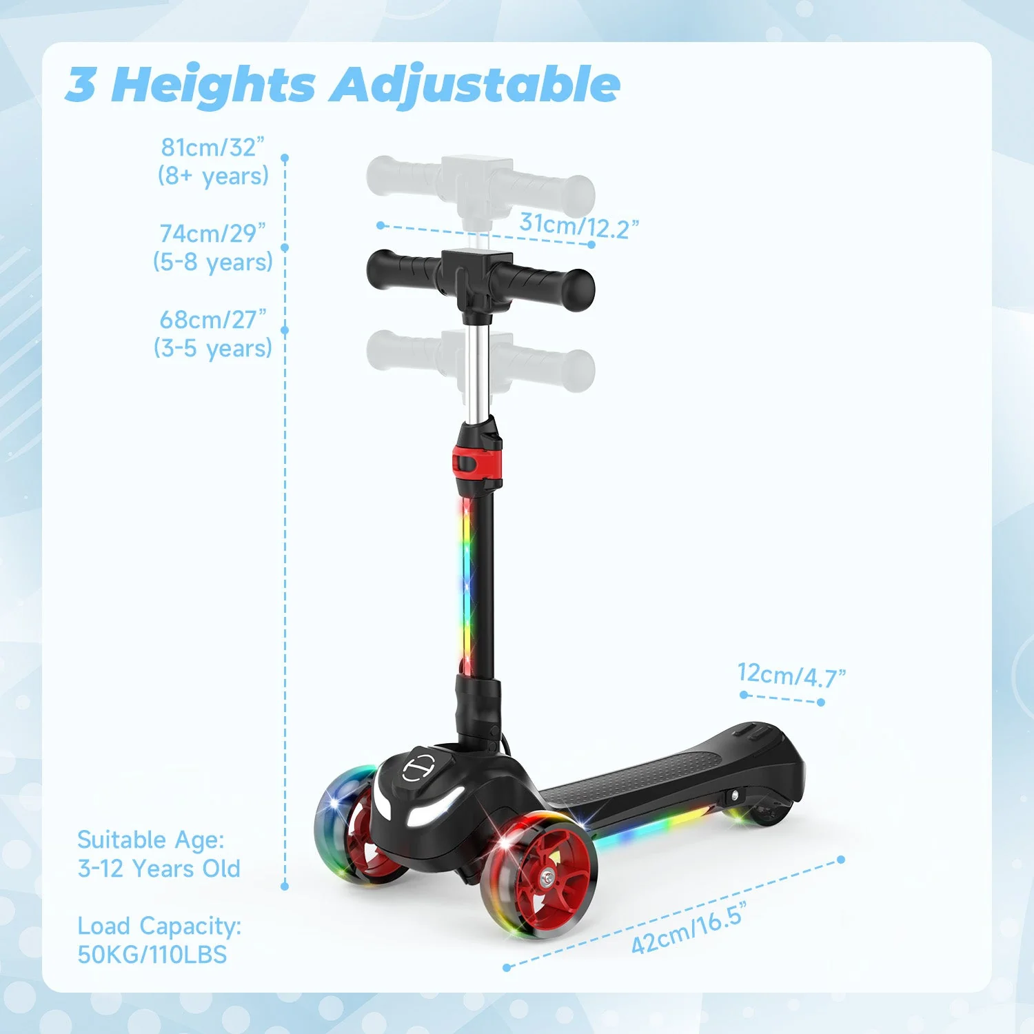 iK1S / B2 Kids Electric Scooter with Colorful Flashing Wheels - Image 21